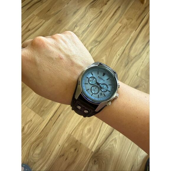 Fossil Mens Brown Leather Cuff Coachman Chronograph Quartz Stainless Steel Watch